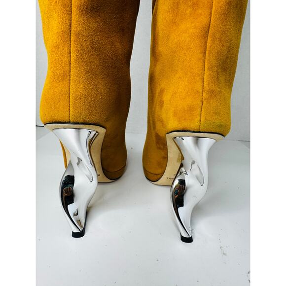 Brandon Maxwell Camel Suede Knee High Boots Sz 39 US 9 Sculptural Metallic Heel - Picture 8 of 9